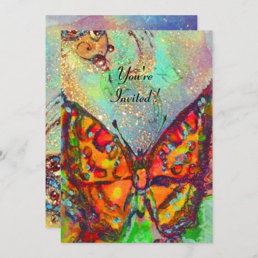 赤い蝶が青緑のターコイズゴールドのスパークルに舞う 招待状 (正面/裏面)