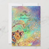 赤い蝶が青緑の緑、ターコイズブルー、金色の輝きの中を飛ぶ 招待状 (裏面)