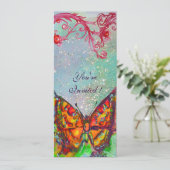 赤い蝶が青緑の緑、ターコイズ、ゴールドのスパークルに舞う 招待状 (スタンド正面)