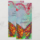 赤い蝶が青緑の緑、ターコイズ、ゴールドのスパークルに舞う 招待状 (正面/裏面)