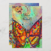 赤い蝶が青緑の背景に金色のスパークルを纏って舞う 招待状 (正面/裏面)