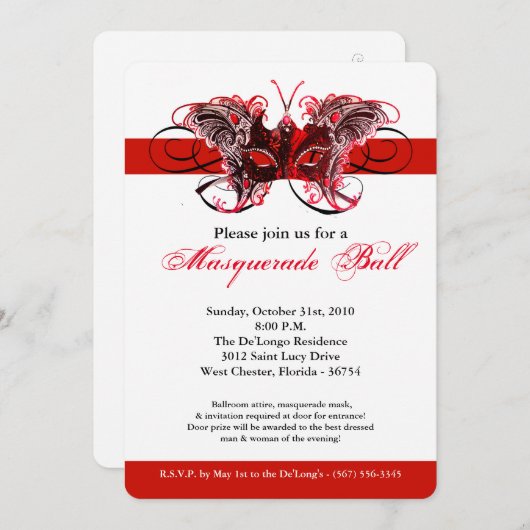 赤い蝶の仮装マスクの衣装ハロウィーン 招待状 (正面/裏面)