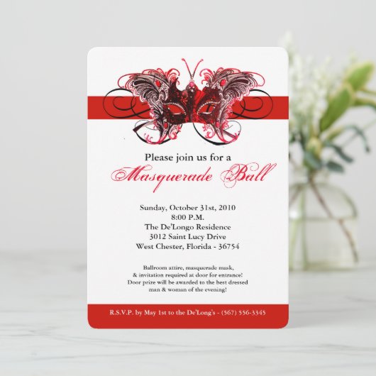 赤い蝶の仮装マスクの衣装ハロウィーン 招待状 (スタンド正面)