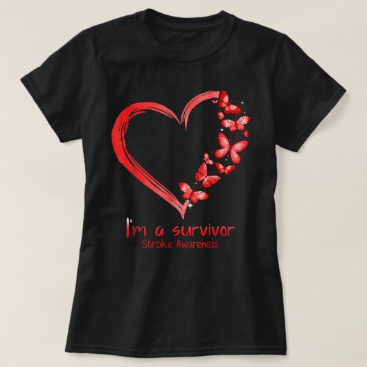 赤い蝶ハート私は生き残り脳卒中のアワレ Tシャツ (デザイン正面)