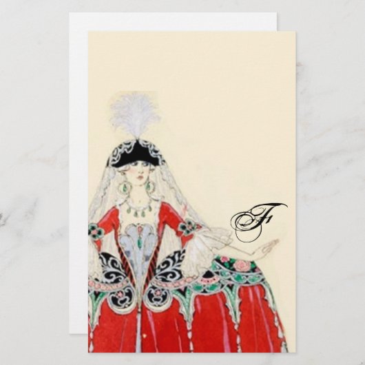 赤い衣装デザイナーモノグラムファッションの女性 便箋 (正面/裏面)
