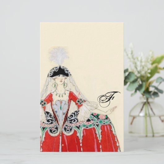 赤い衣装デザイナーモノグラムファッションの女性 便箋 (スタンド正面)