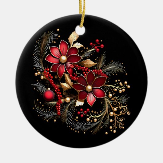赤い装飾フラワーズホリデーオーナメント セラミックオーナメント (正面)
