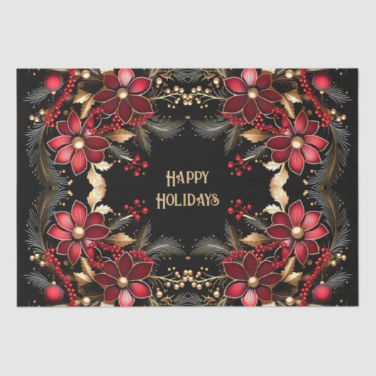 赤い装飾フラワーズホリデーティッシュペーパー 薄葉紙 (正面)