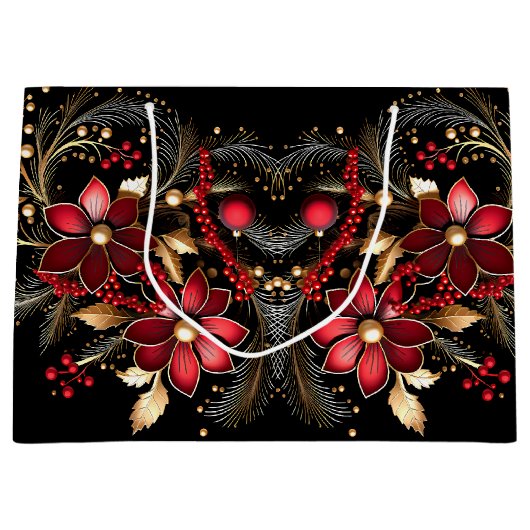 赤い装飾フラワーズホリデー抱き枕 ラージペーパーバッグ (正面)