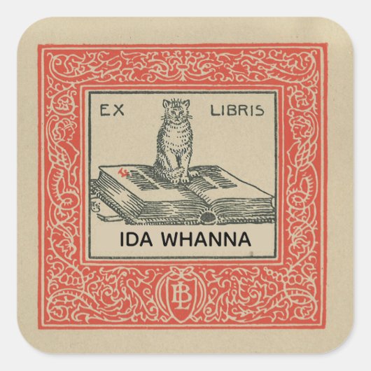 赤い装飾付き本の編集可能な縁ど猫 スクエアシール (正面)