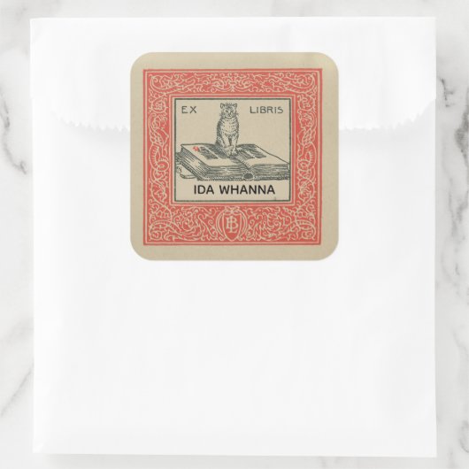 赤い装飾付き本の編集可能な縁ど猫 スクエアシール (バッグ)