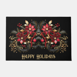 赤い装飾花のホリデーフォーマット ドアマット