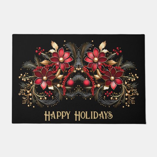 赤い装飾花のホリデーフォーマット ドアマット (正面)