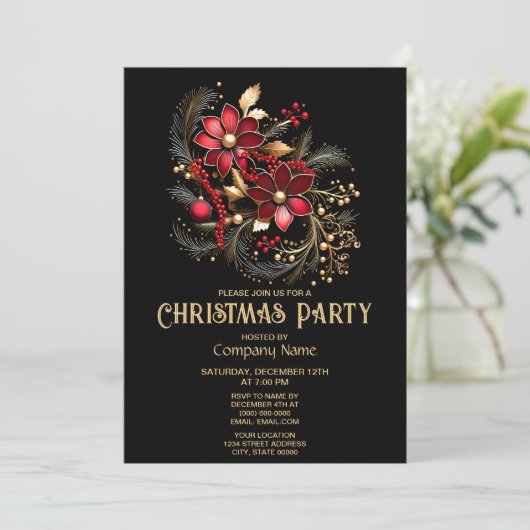 赤い装飾花クリスマスパーティの招待状 招待状 (スタンド正面)