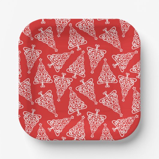 赤い裏地のある白いクリスマスツリー ペーパープレート (正面)