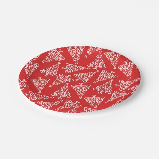 赤い裏金の付いた白いクリスマスツリー ペーパープレート (アングル)