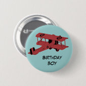 赤い複葉機の誕生日の男の子ピンボタン 缶バッジ (正面&裏面)