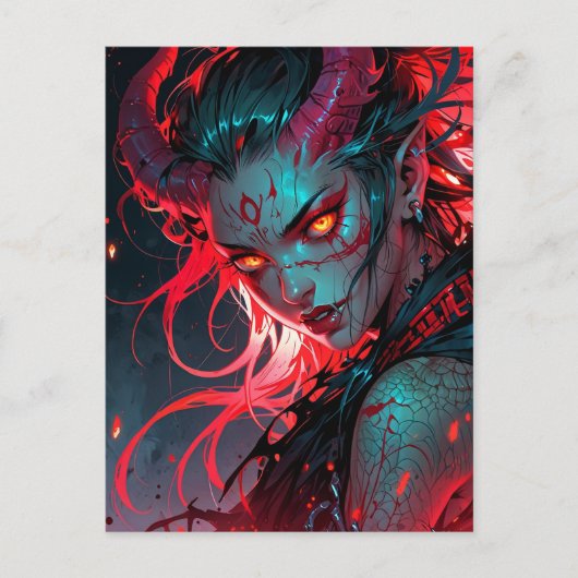 赤い角の付いたアニメガール ポストカード (正面)