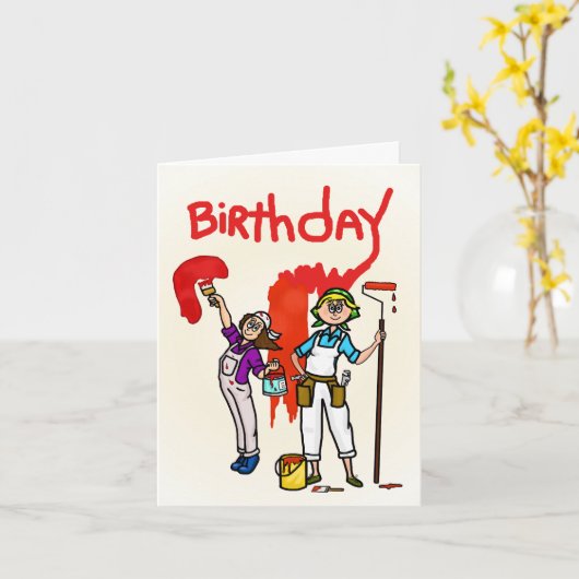 赤い誕生日カードを持つ女絵を描の画家 カード (黄色い花)