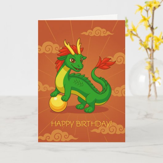 赤い誕生日グッズの緑の中国のドラゴン カード (黄色い花)