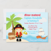 赤い誕生日パーティーでかわいいブロンド海賊ガール 招待状 (正面)