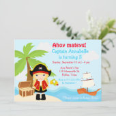 赤い誕生日パーティーでかわいいブロンド海賊ガール 招待状 (スタンド正面)