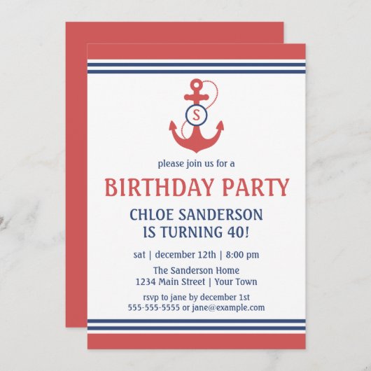 赤い誕生航海の日パーティーの招待といかり 招待状 (正面/裏面)