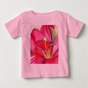 赤い警告リリーの水の色のアートフラワー絵画ズ ベビーTシャツ