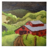 赤い谷の納屋と丘の田舎の農場への未舗装道路 タイル (正面)