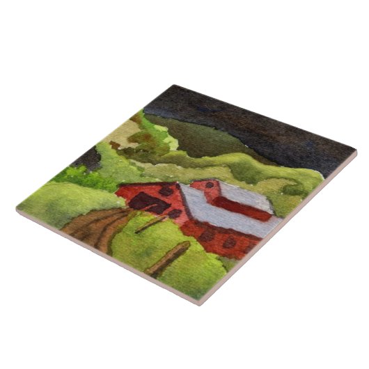 赤い谷の納屋と丘の田舎の農場への未舗装道路 タイル (側面)