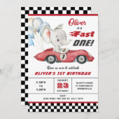赤い象のレーシングカー ファーストバースデー 招待状 (正面/裏面)