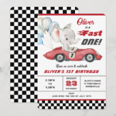 赤い象のレーシングカー ファーストバースデー 招待状 (正面/裏面)