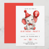 赤い象の1歳の誕生日招待状 招待状 (正面/裏面)