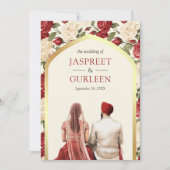 赤い象牙の花柄のパンジャブ語アーナンド・カラージ・シク教の結婚式 招待状 (正面)