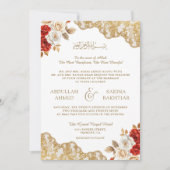 赤い象牙の花模様のゴールドレースQRコード付きムスリム結婚式 招待状 (正面)