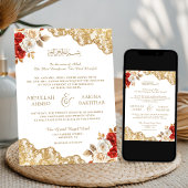 赤い象牙の花模様のゴールドレースQRコード付きムスリム結婚式 招待状