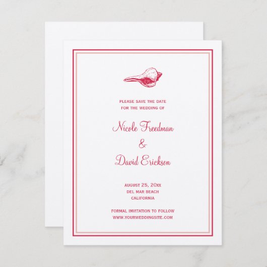 赤い貝殻の結婚発表 Save the Date 招待状 (正面/裏面)