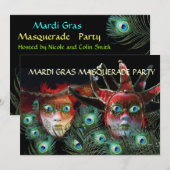 赤い貴婦人と道化師のマスク（ピーコックの羽根付き） 招待状 (正面/裏面)