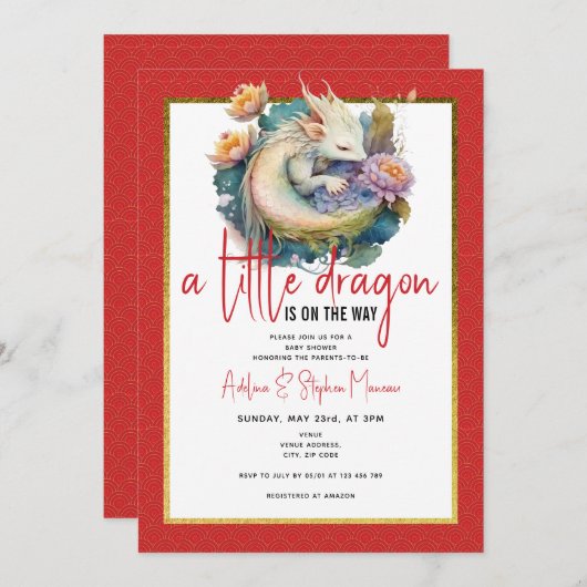 赤い赤ちゃんシャワーの途中にある小さなドラゴン 招待状 (正面/裏面)