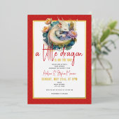 赤い赤ちゃんシャワーの途中にある小さなドラゴン 箔招待状 (立ち正面)