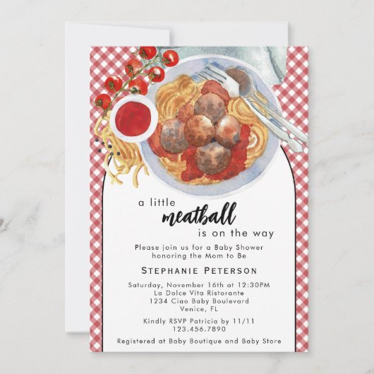 赤い赤ちゃんシャワーの途中に小さなミートボールがある 招待状 (正面)