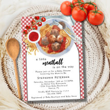 赤い赤ちゃんシャワーの途中に小さなミートボールがある