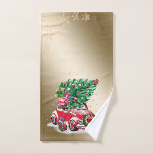 赤い車と松の木のプレゼント クリスマス 、雪の結晶 バスタオルセット (ハンドタオル)