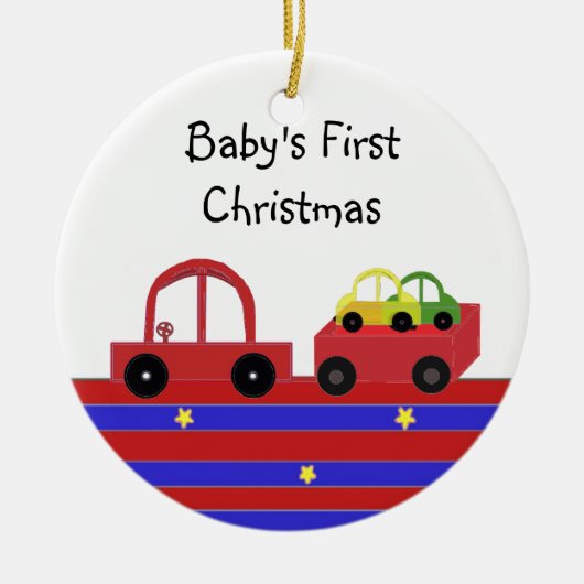 赤い車と荷車 赤ちゃんの初めてのクリスマス セラミックオーナメント (正面)