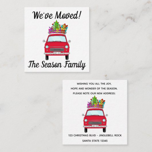 赤い車にクリスマスプレゼントを贈る エンクロージャーカード (正面/裏面)
