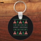 赤い車に乗ったボクサー醜いクリスマスセーター犬 キーホルダー (正面)