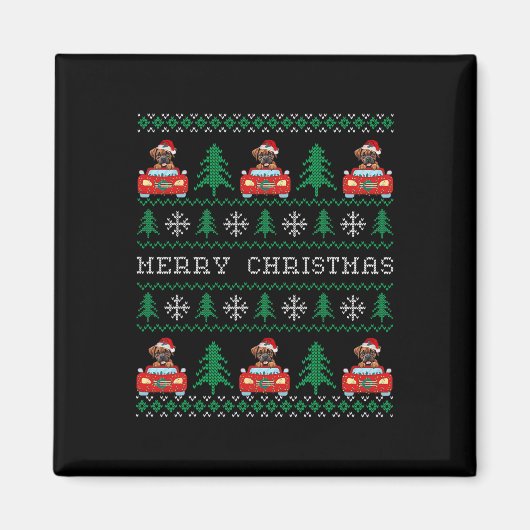 赤い車に乗ったボクサー醜いクリスマスセーター犬 マグネット (正面)