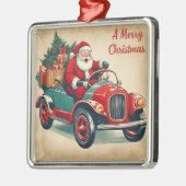 赤い車に乗ったメリークリスマスヴィンテージサンタ メタルオーナメント (左)