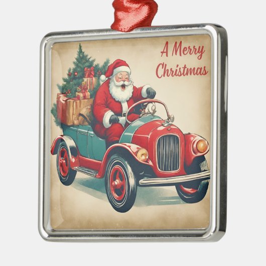 赤い車に乗ったメリークリスマスヴィンテージサンタ メタルオーナメント (左)