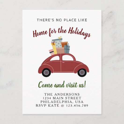 赤い車のギフト付きホリデークリスマスムービング 案内ポストカード (正面)